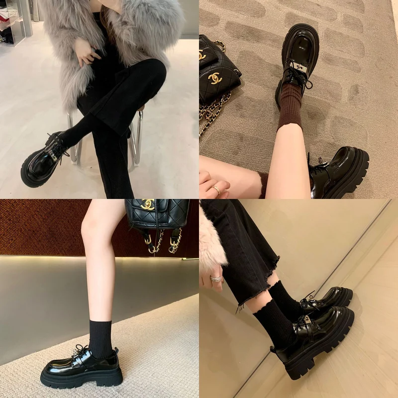 Damen Chunky Lackleder‑Schnürloafer mit markanter Lug‑Sohle und dekorativer Metallschnalle Drune