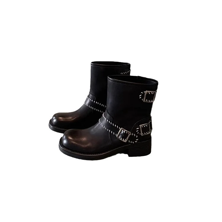Damen Biker‑Stiefelette aus Glattleder mit dekorativer Ziernaht, Doppelriemen und robuster Profilsohle Drune