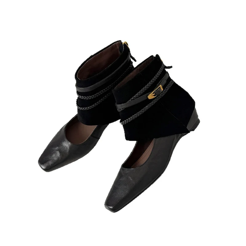 Damen Ankle‑Slipper mit umschlagbarem Velours‑Schaft und geflochtenen Zierriemen Drune