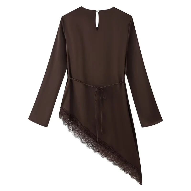 Damen Asymmetrische Chiffonbluse mit Spitzenbesatz und langen Ärmeln Drune