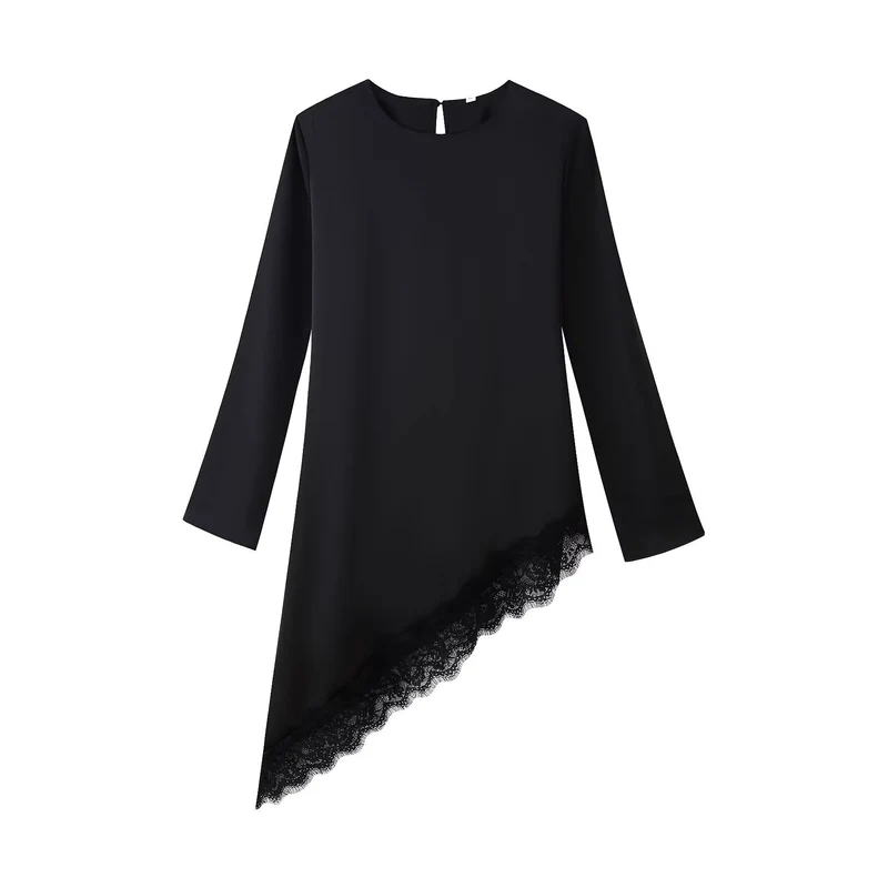 Damen Asymmetrische Chiffonbluse mit Spitzenbesatz und langen Ärmeln Drune