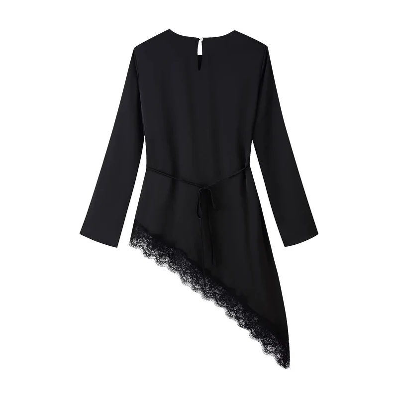 Damen Asymmetrische Chiffonbluse mit Spitzenbesatz und langen Ärmeln Drune