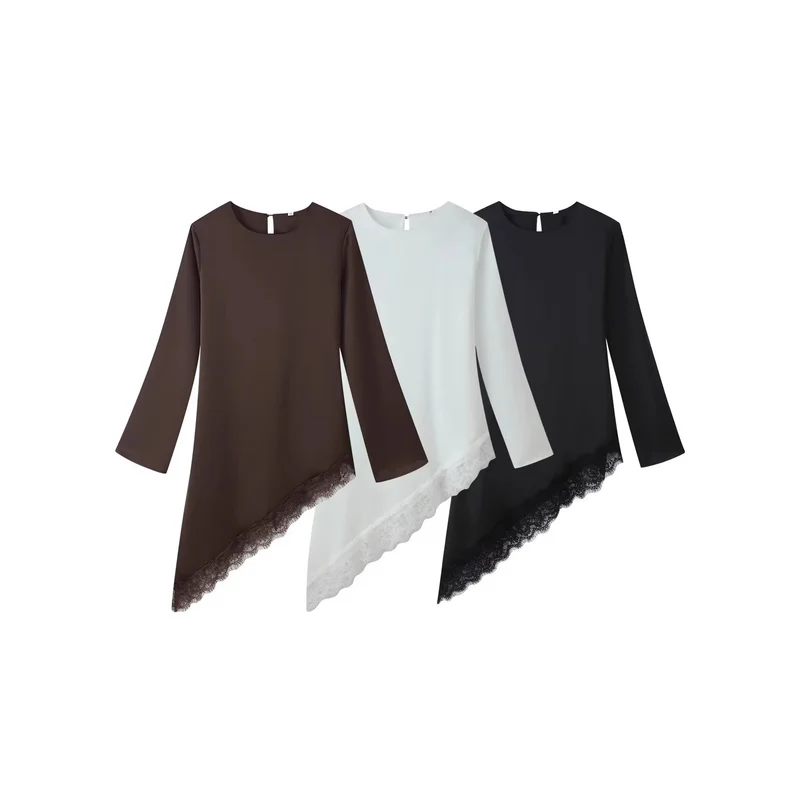 Damen Asymmetrische Chiffonbluse mit Spitzenbesatz und langen Ärmeln Drune