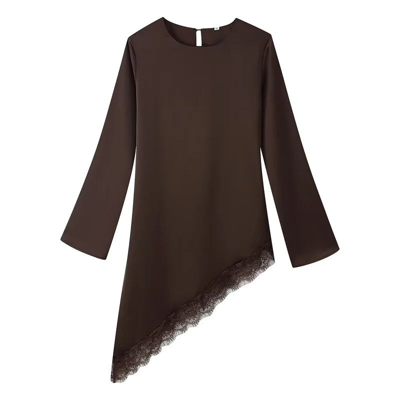 Damen Asymmetrische Chiffonbluse mit Spitzenbesatz und langen Ärmeln Drune