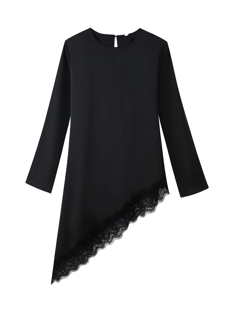 Damen Asymmetrische Chiffonbluse mit Spitzenbesatz und langen Ärmeln Drune