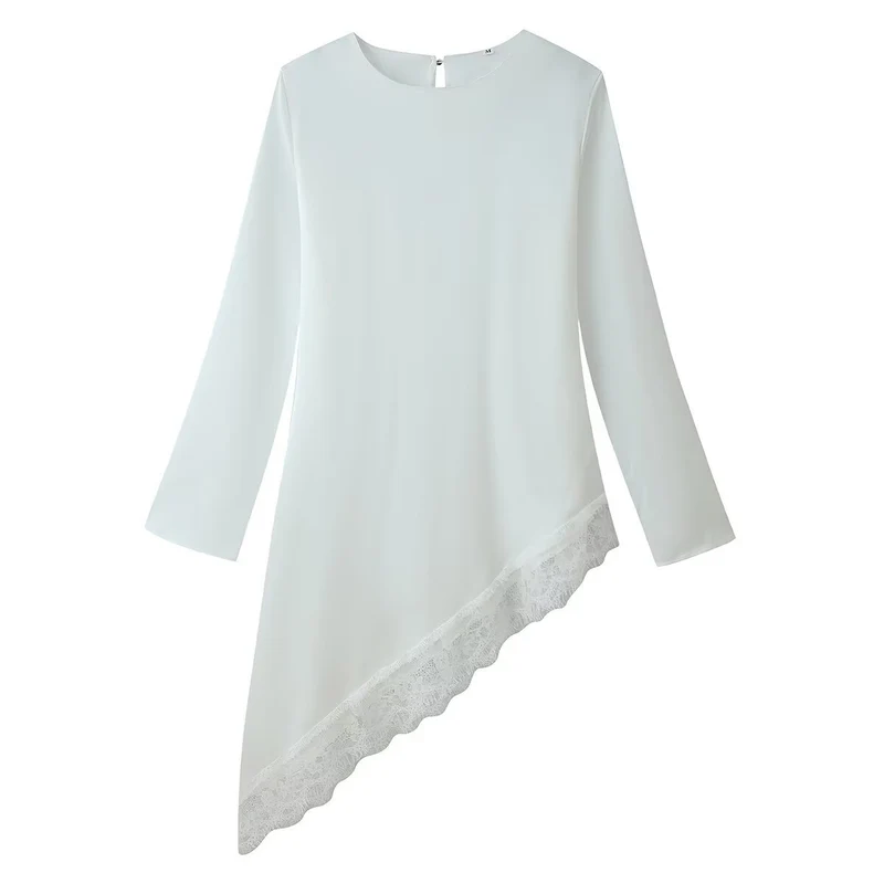 Damen Asymmetrische Chiffonbluse mit Spitzenbesatz und langen Ärmeln Drune