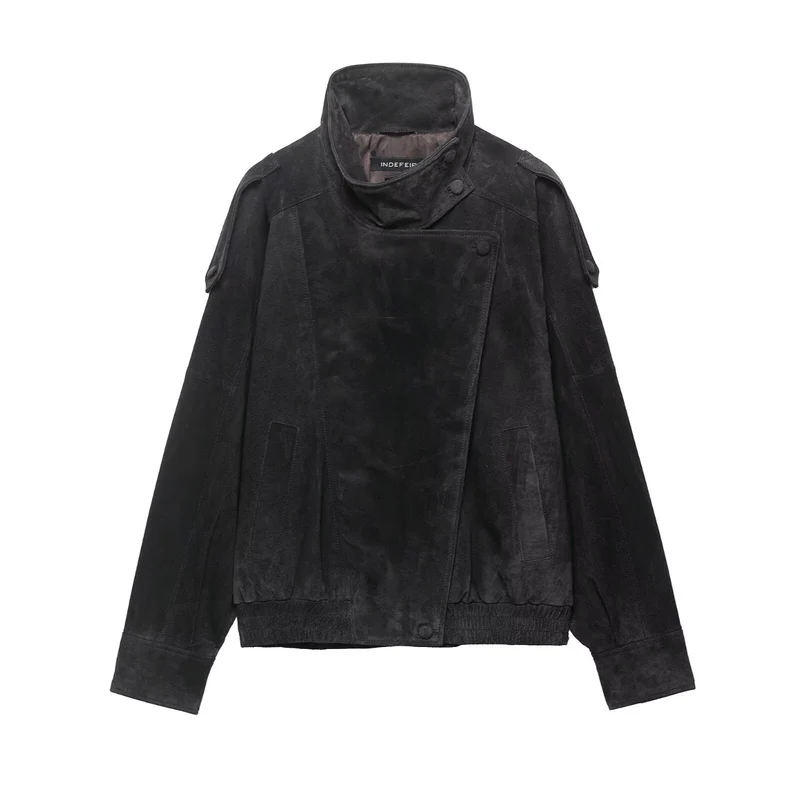 Herren Wildlederjacke mit hohem Stehkragen, asymmetrischer Knopfleiste und elastischem Saum Drune