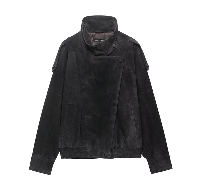 Herren Wildlederjacke mit hohem Stehkragen, asymmetrischer Knopfleiste und elastischem Saum Drune