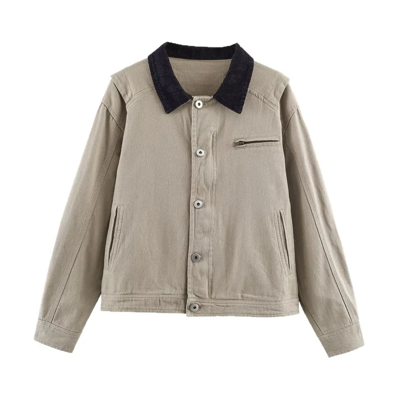 Herren Oversized Canvas-Jacke mit Cordkragen, Knopfverschluss und verdeckter Brusttasche Drune
