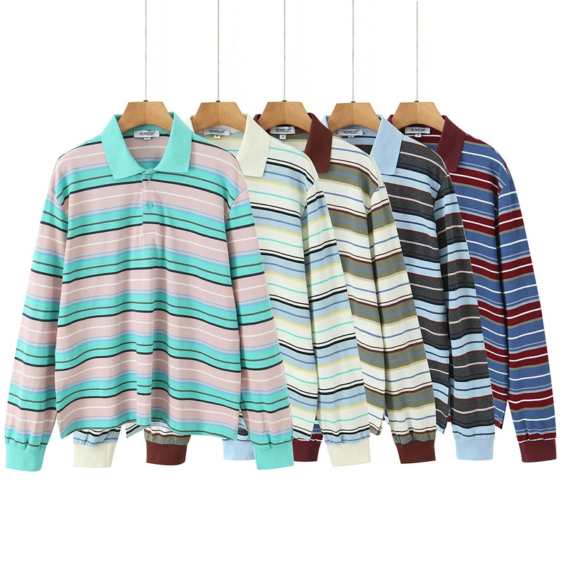 Herren Langärmeliges Poloshirt im Retro-Streifenmuster mit Rippbündchen und Knopfleiste Drune