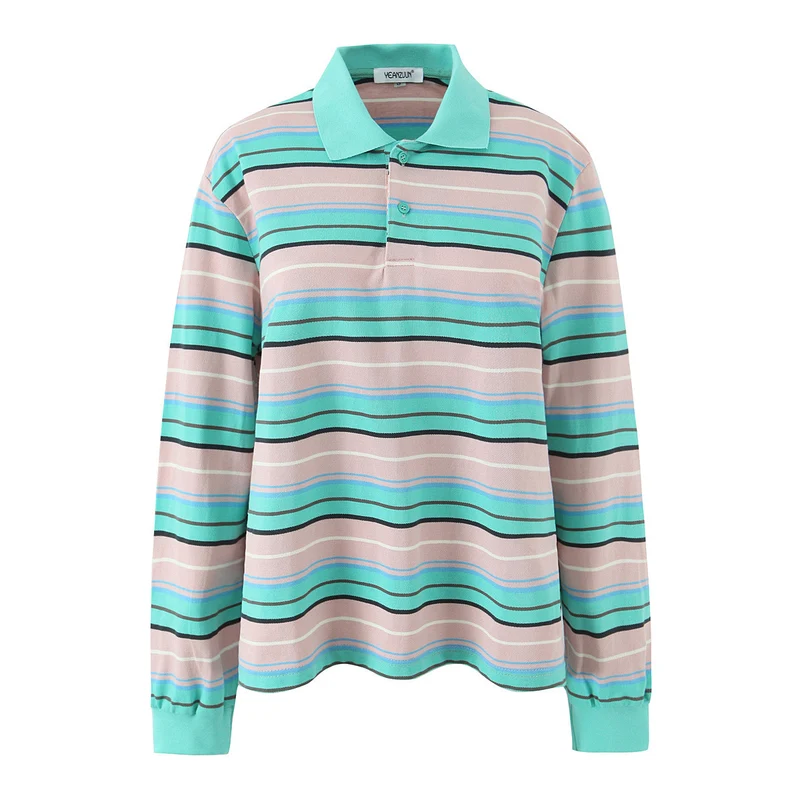 Herren Langärmeliges Poloshirt im Retro-Streifenmuster mit Rippbündchen und Knopfleiste Drune