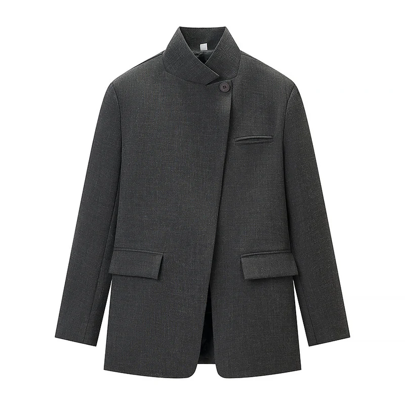 Herren Kurzer Stehkragen-Blazer mit verdeckter Knopfleiste und Pattentaschen Drune