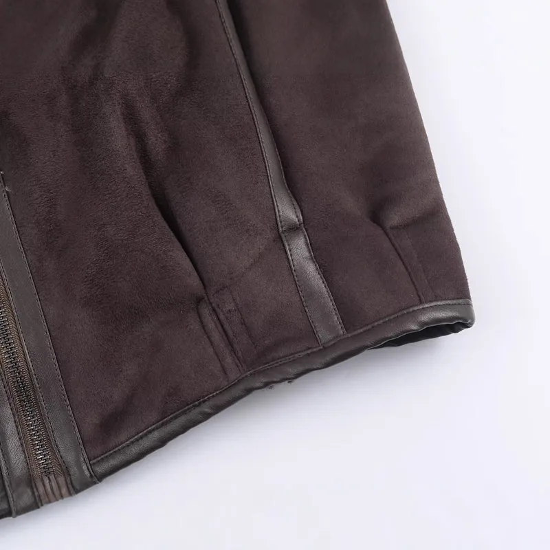 Herren Kurz geschnittene Lammfelljacke mit asymmetrischem Reißverschluss und Lederbesatz Drune
