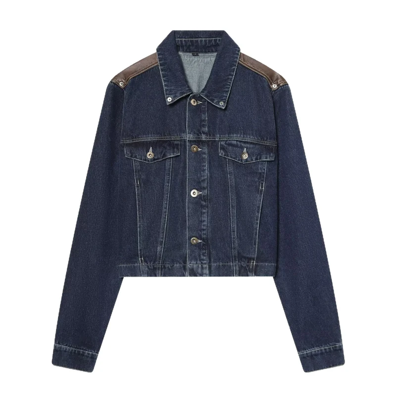 Herren Cropped-Boxy-Jeansjacke mit Lederbesatz an den Schultern Drune