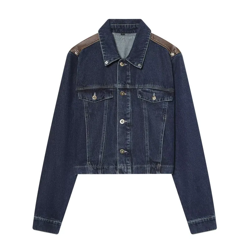 Herren Cropped-Boxy-Jeansjacke mit Lederbesatz an den Schultern Drune