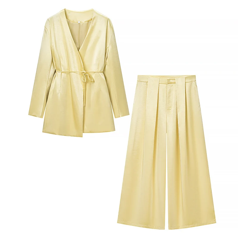 Damen Zweiteiliges Wickelblazer-Set mit Bindegürtel und hochgeschnittener weiter Plisseehose Drune