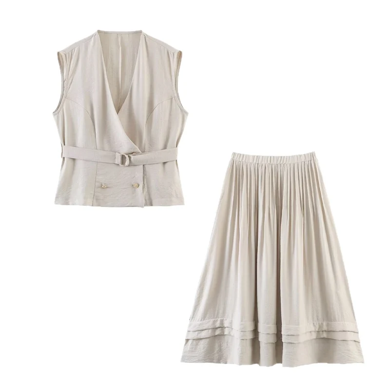 Damen Zweiteiliges Weste- und Plissee-Midirock-Set Drune