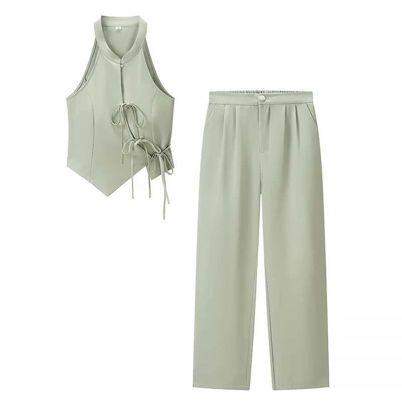 Damen Zweiteiliges tailliertes Weste- und weites Hosen-Set mit Schnürdetail Drune