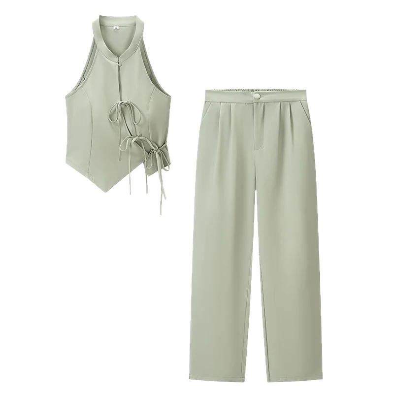 Damen Zweiteiliges tailliertes Weste- und weites Hosen-Set mit Schnürdetail Drune
