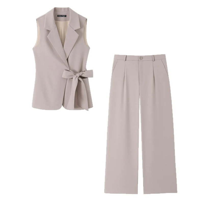 Damen Zweiteiliges tailliertes Weste- und Palazzo-Hosen-Set mit Bindegürtel Drune