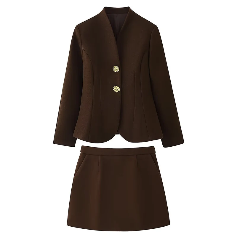 Damen Zweiteiliges tailliertes Blazer- und Minirock-Set mit goldener Schmuckknopfleiste Drune