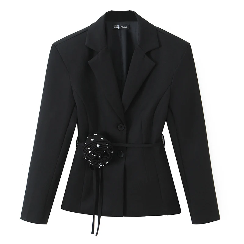 Damen Zweiteiliges tailliertes Blazer- und Midaxi-Rock-Set mit Rosenapplikation am Gürtel und Polka-Dot‑Rock Drune
