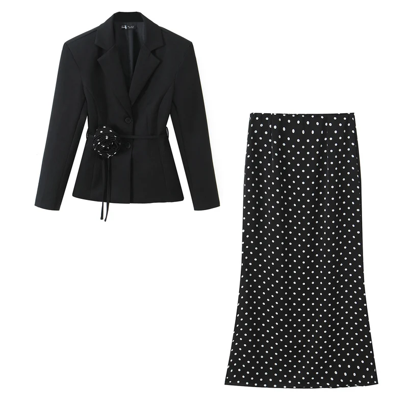Damen Zweiteiliges tailliertes Blazer- und Midaxi-Rock-Set mit Rosenapplikation am Gürtel und Polka-Dot‑Rock Drune