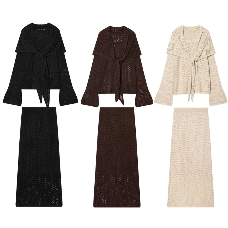 Damen Zweiteiliges Strick-Set mit Wickelcardigan und Midirock Drune
