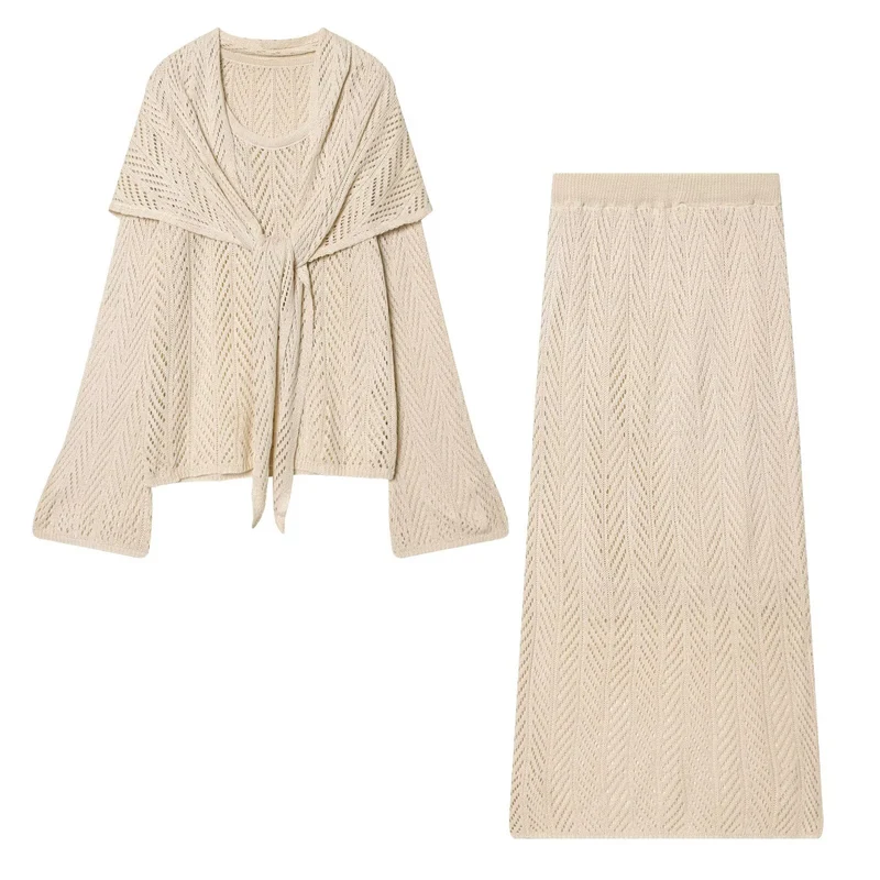 Damen Zweiteiliges Strick-Set mit Wickelcardigan und Midirock Drune