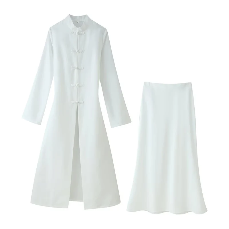 Damen Zweiteiliges Set: Langer Mantel mit Mandarin‑Kragen und A‑Linien Maxirock Drune