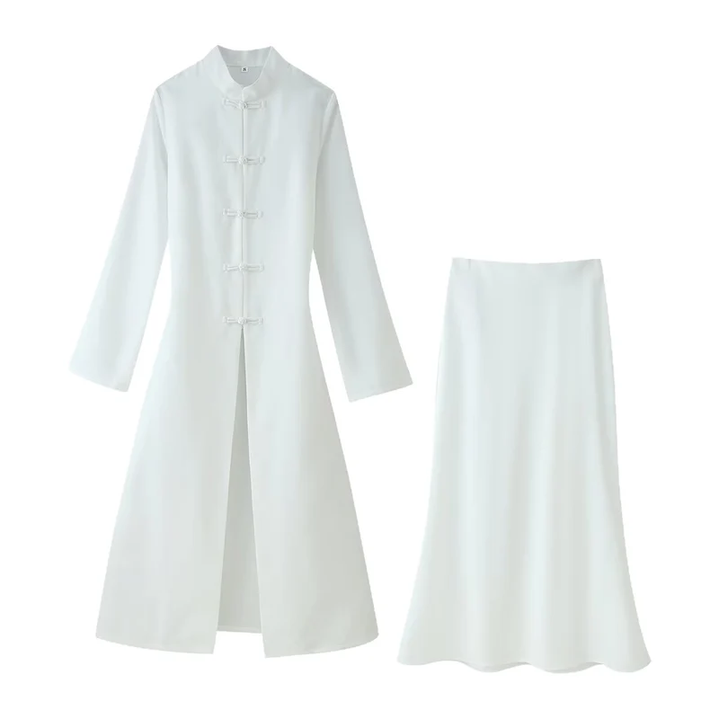 Damen Zweiteiliges Set: Langer Mantel mit Mandarin‑Kragen und A‑Linien Maxirock Drune