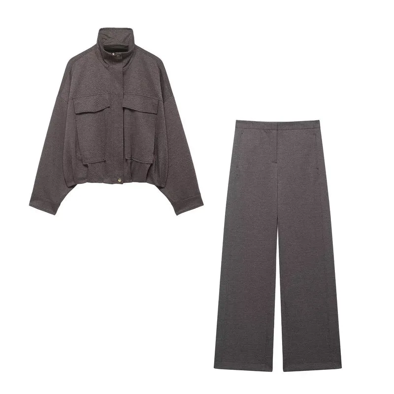 Damen Zweiteiliges Set aus Cropped-Boxy-Jacke mit Stehkragen und hochtaillierter weiter Hose Drune