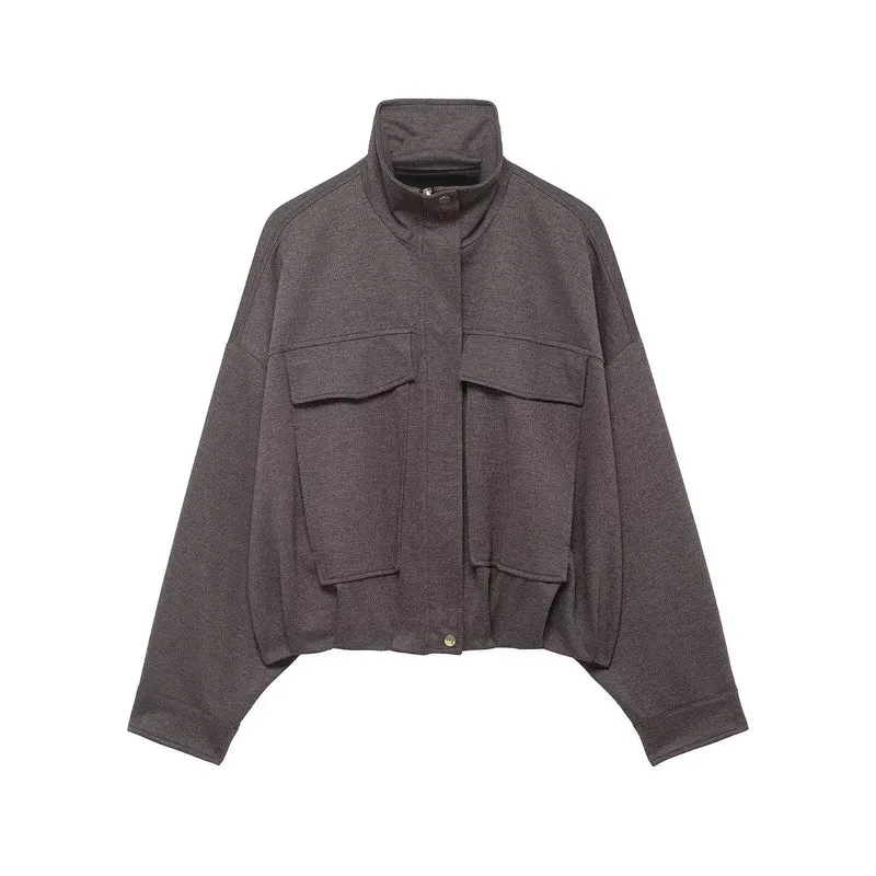 Damen Zweiteiliges Set aus Cropped-Boxy-Jacke mit Stehkragen und hochtaillierter weiter Hose Drune