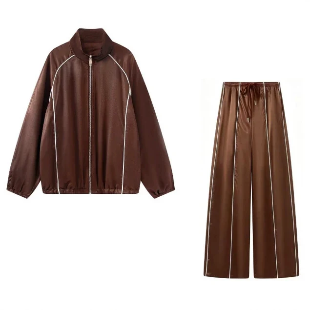 Damen Zweiteiliges Satin-Trainingsset mit Reißverschlussjacke und weitem Trackpant Drune