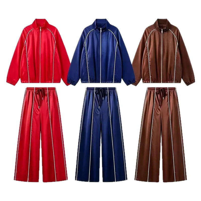 Damen Zweiteiliges Satin-Trainingsset mit Reißverschlussjacke und weitem Trackpant Drune
