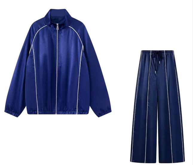 Damen Zweiteiliges Satin-Trainingsset mit Reißverschlussjacke und weitem Trackpant Drune