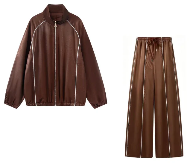 Damen Zweiteiliges Satin-Trainingsset mit Reißverschlussjacke und weitem Trackpant Drune