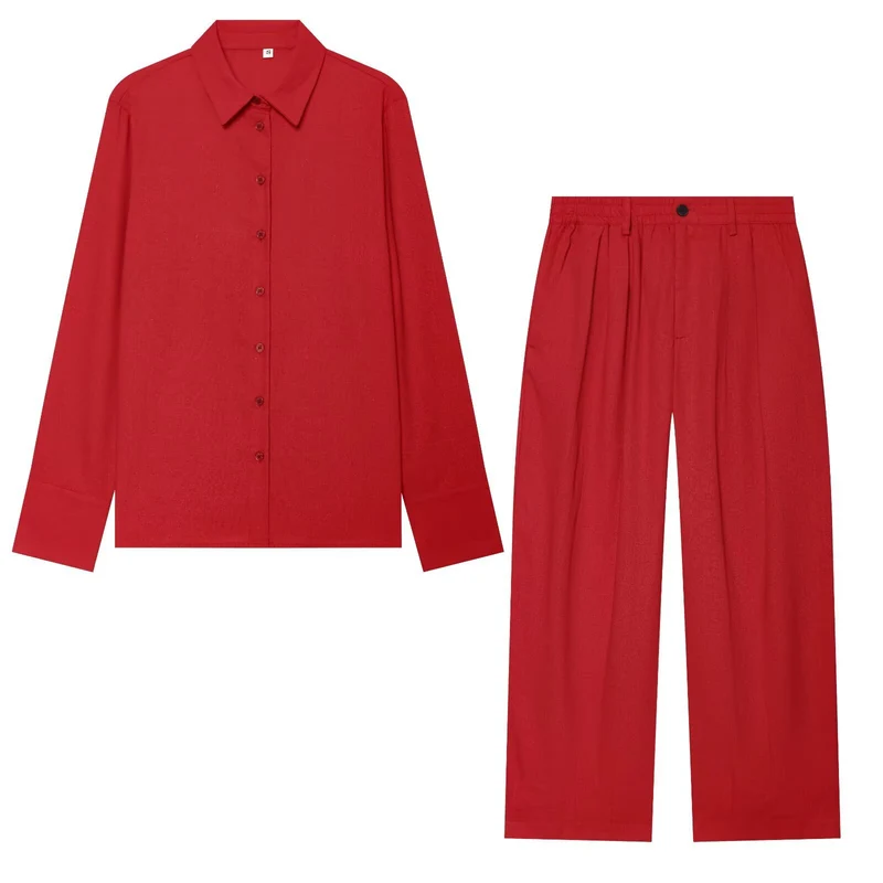 Damen Zweiteiliges Satin-Set mit weichem Oversized-Hemd und hochgeschnittener Palazzo-Hose Drune