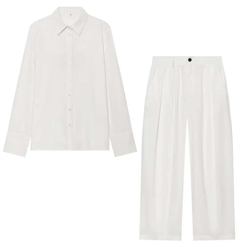 Damen Zweiteiliges Satin-Set mit weichem Oversized-Hemd und hochgeschnittener Palazzo-Hose Drune