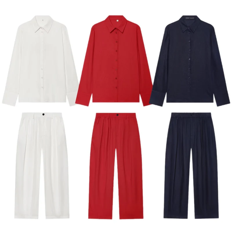 Damen Zweiteiliges Satin-Set mit weichem Oversized-Hemd und hochgeschnittener Palazzo-Hose Drune