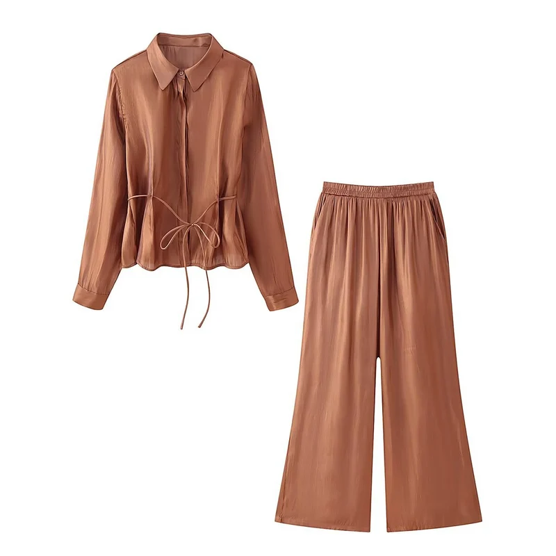 Damen Zweiteiliges Satin-Loungewear-Set mit Hemdbluse und weitem Elastikbund-Hose Drune