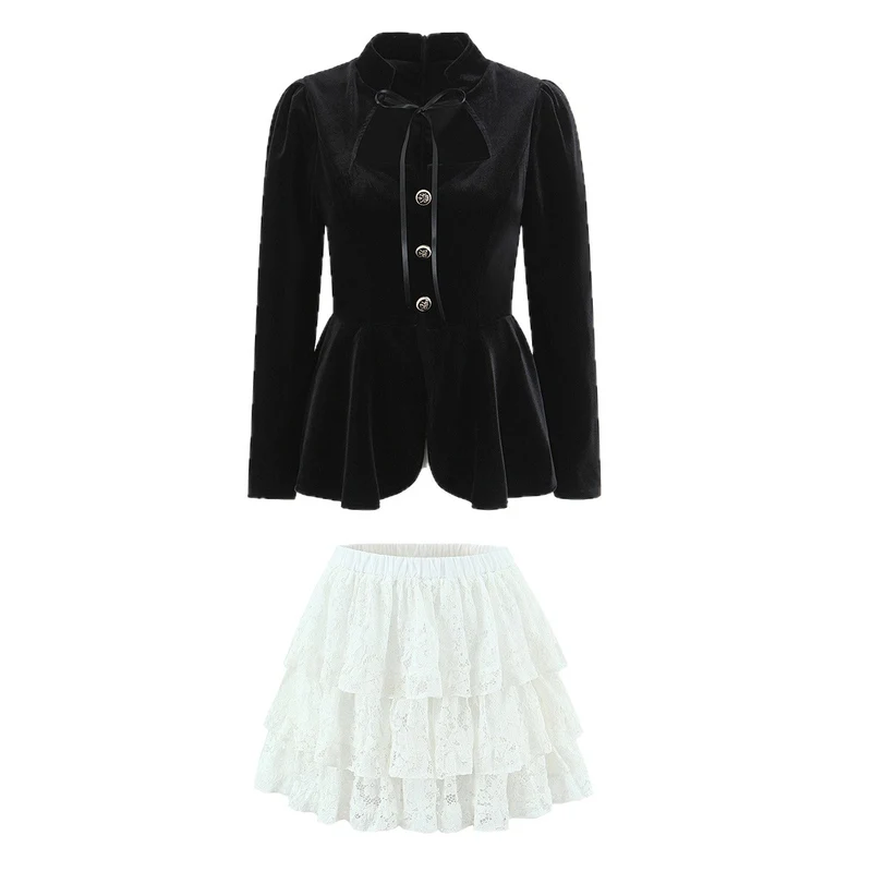 Damen Zweiteiliges Samt‑Schößchenblazer und Stufen‑Spitzenrock Set Drune
