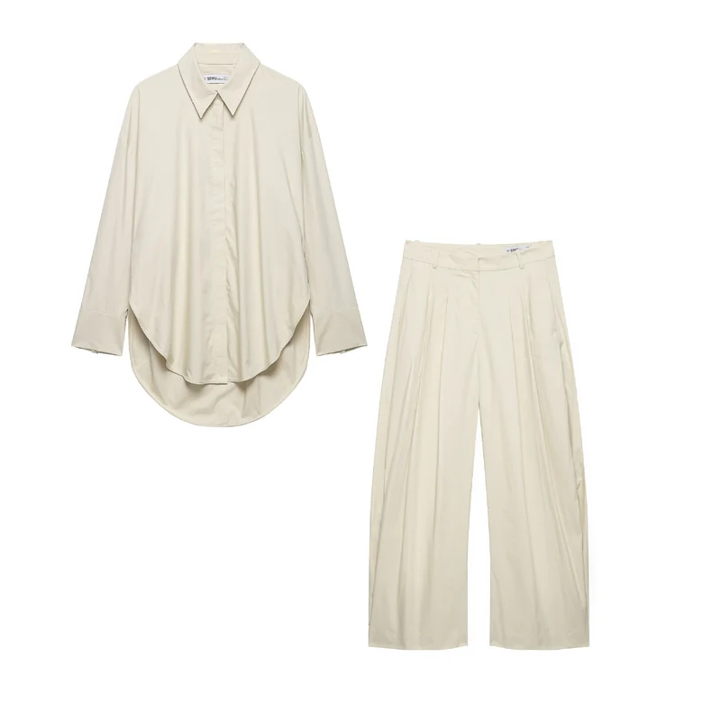 Damen Zweiteiliges Oversize-Hemd- und Weite-Faltenhose-Set Drune