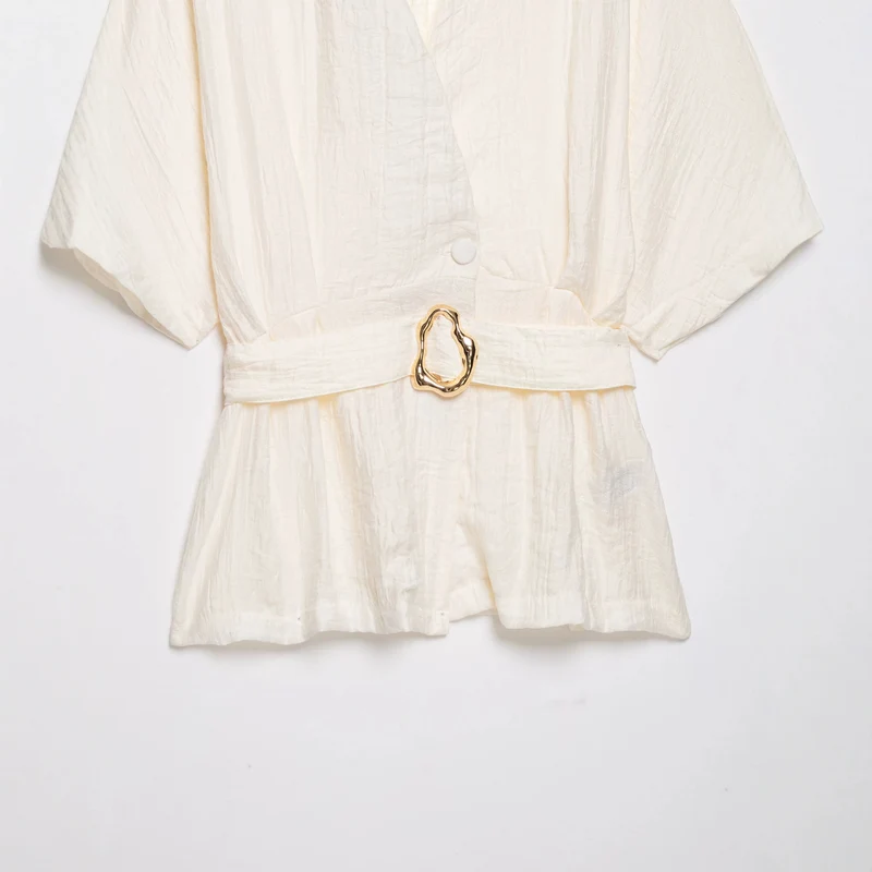 Damen Zweiteiliges Leinenoptik-Set mit Kimono-Oberteil und weiter hochtaillierter Hose Drune