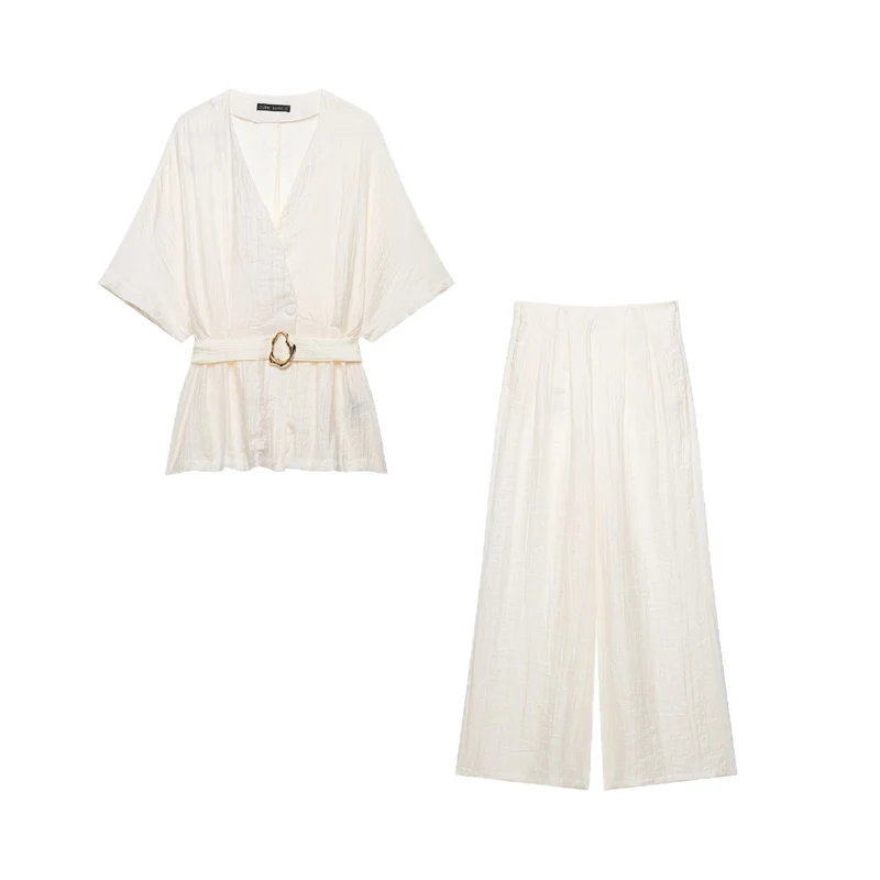 Damen Zweiteiliges Leinenoptik-Set mit Kimono-Oberteil und weiter hochtaillierter Hose Drune