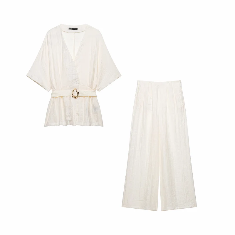 Damen Zweiteiliges Leinenoptik-Set mit Kimono-Oberteil und weiter hochtaillierter Hose Drune