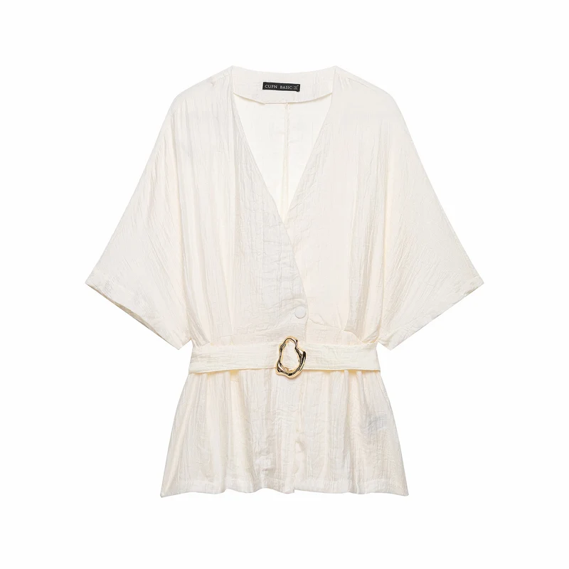 Damen Zweiteiliges Leinenoptik-Set mit Kimono-Oberteil und weiter hochtaillierter Hose Drune