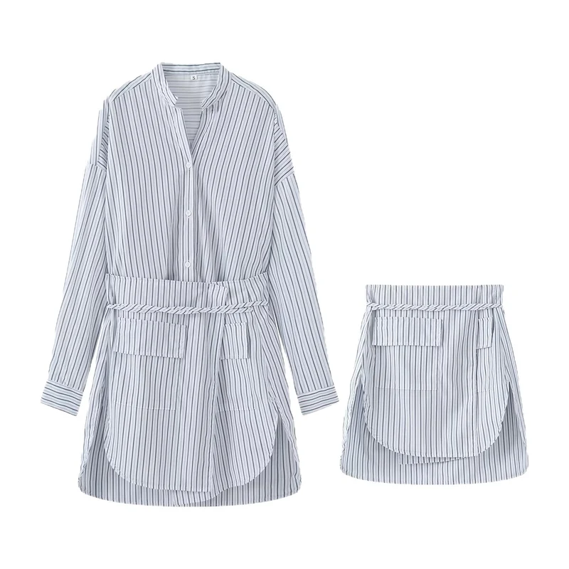 Damen Zweiteiliges gestreiftes Hemdblusen-Minikleid mit Wickel-Taillengürtel und separatem Minirock Drune