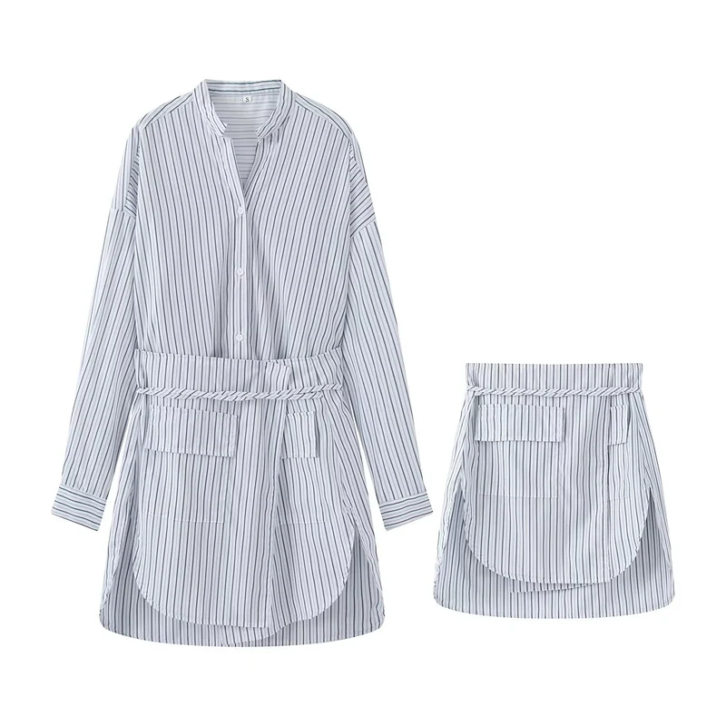 Damen Zweiteiliges gestreiftes Hemdblusen-Minikleid mit Wickel-Taillengürtel und separatem Minirock Drune