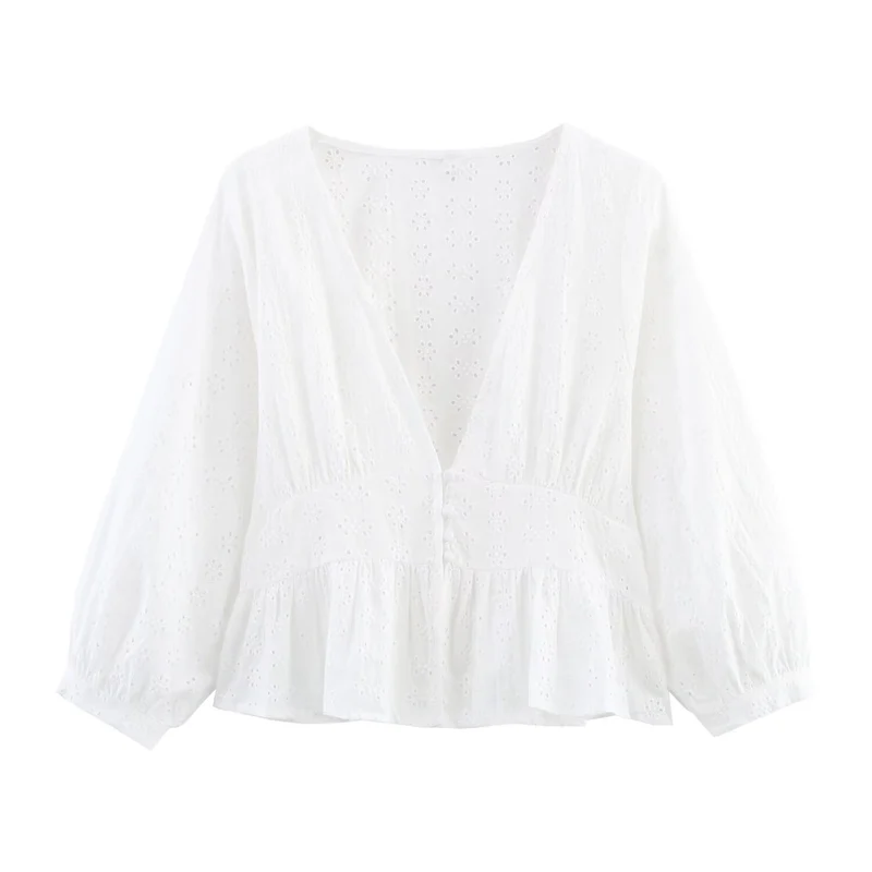 Damen Weiche Broderie-Anglaise-Bluse mit tiefem V‑Ausschnitt, Taillennaht und Volant Drune